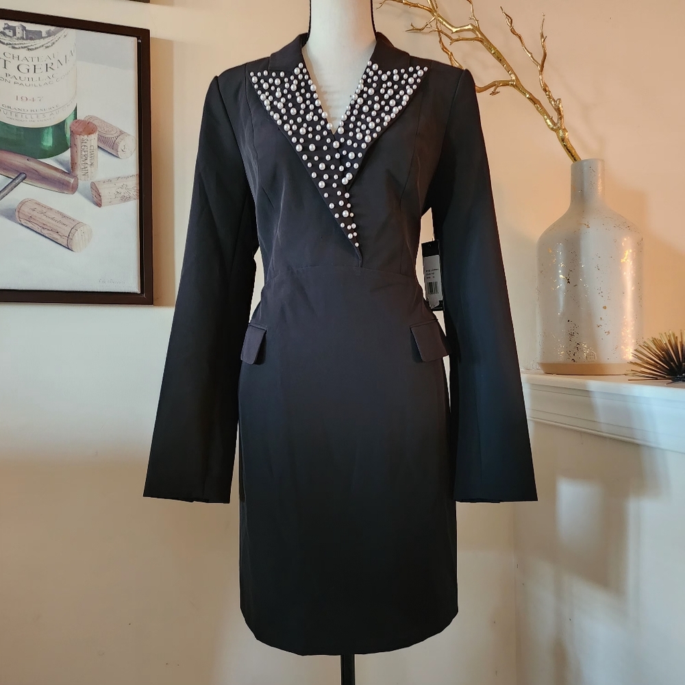 Karl Lagerfeld Pearl Embellished Tuxedo Collar Dress - Picture 3 of 14